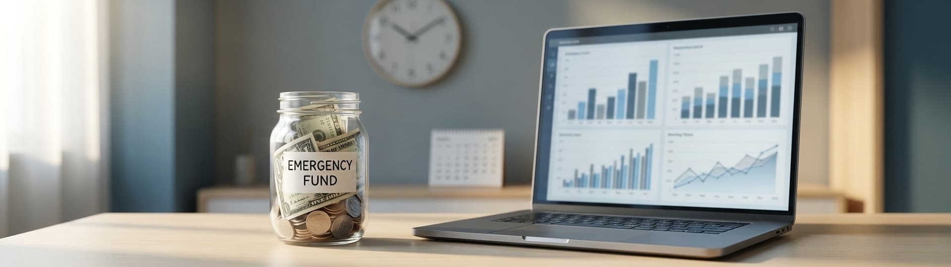 A glass jar filled with coins and a label reading emergency fund, representing personal savings and financial security