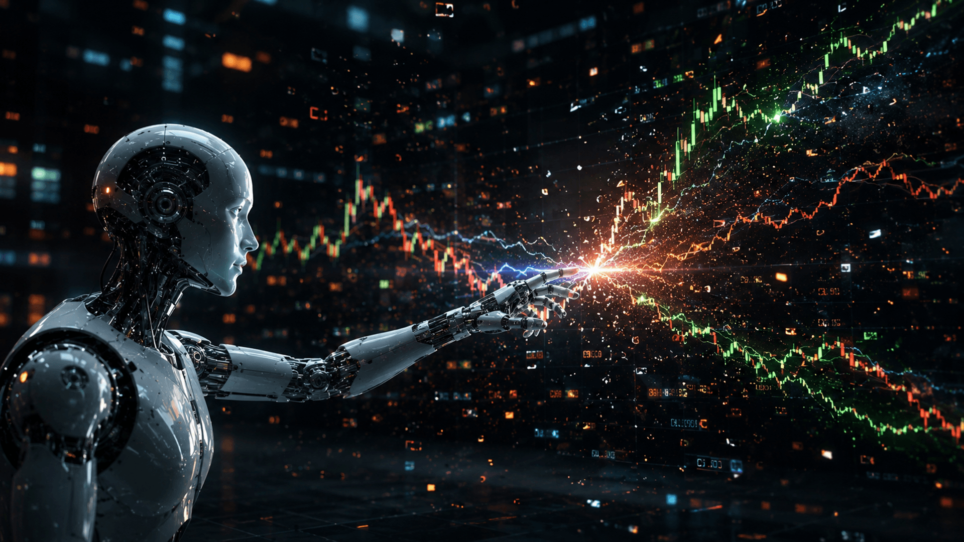 AI neural network analyzing stock market charts and price patterns, representing AI stock market prediction in 2026