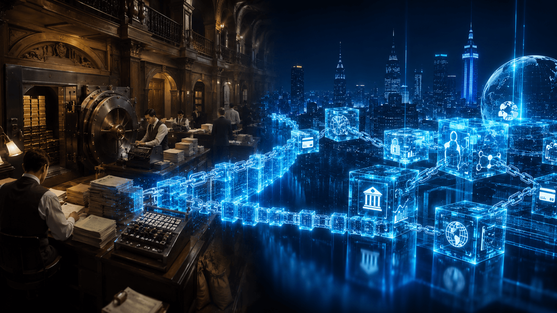 Blockchain network nodes connected across a digital financial landscape, representing how blockchain is transforming banking and finance in 2026