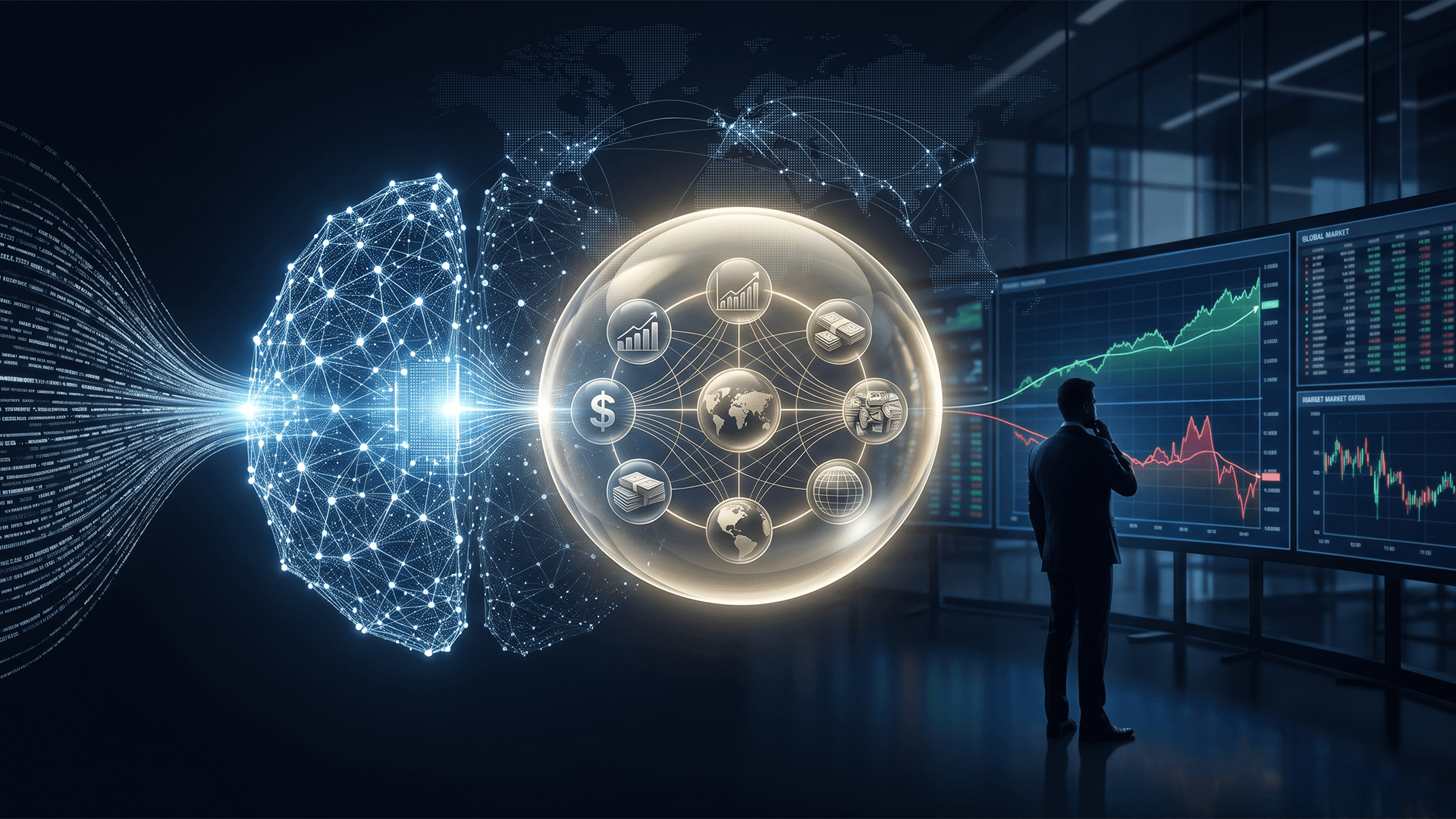 AI neural network overlaid on financial market charts representing artificial intelligence-driven investment strategies in 2026