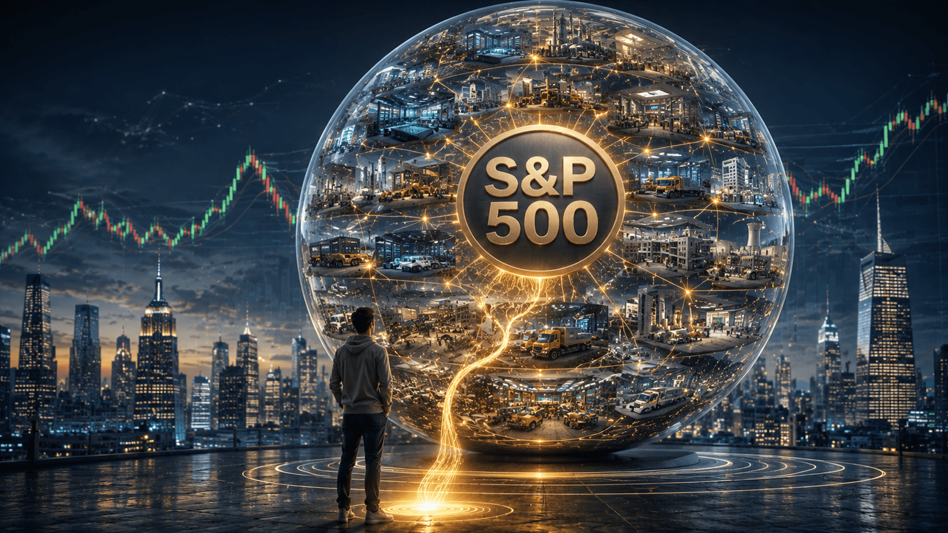 S&P 500 index chart showing long-term growth trend with major company logos representing the 500 largest US companies in 2026