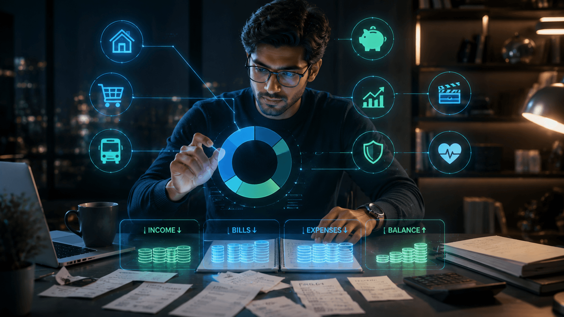 Person reviewing a monthly budget spreadsheet with income, expenses, and savings categories on a desk in 2026