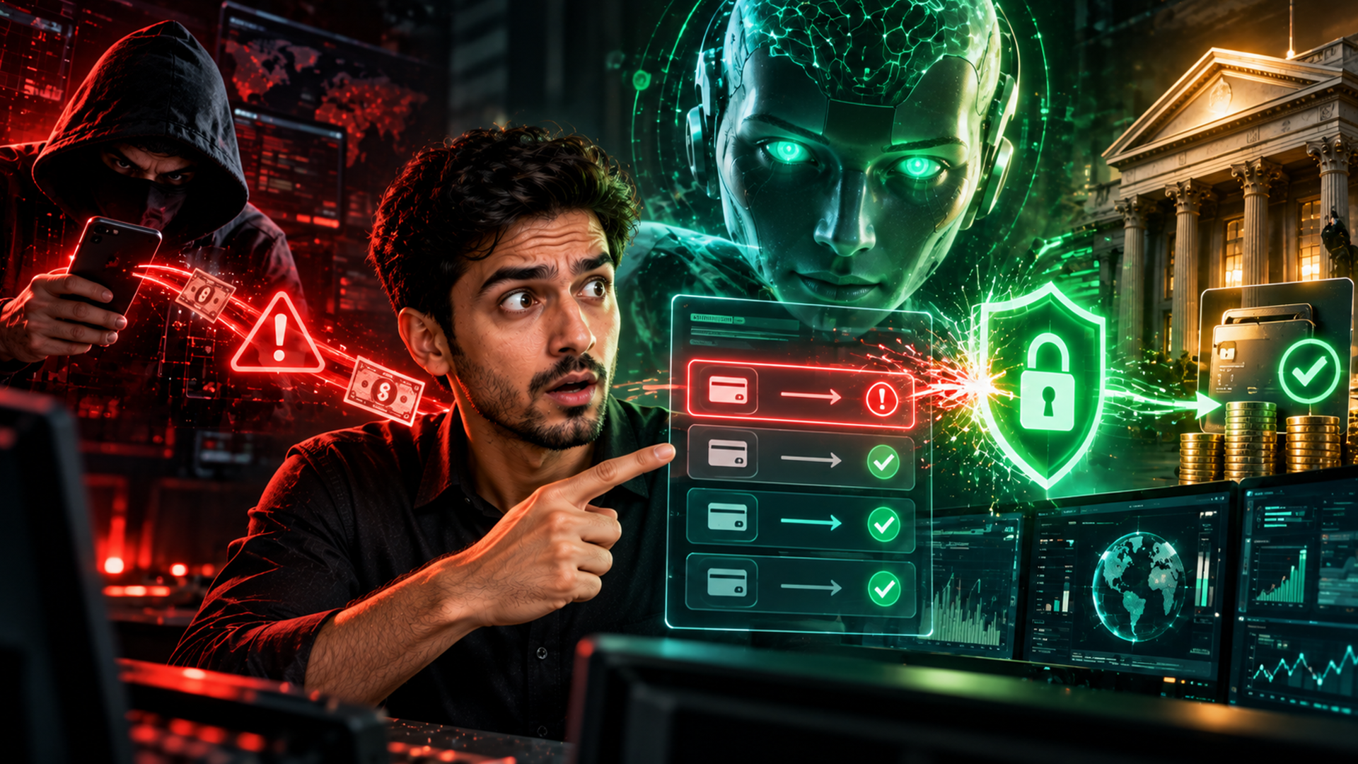 AI neural network scanning financial transactions for fraud patterns, representing artificial intelligence in bank fraud detection in 2026