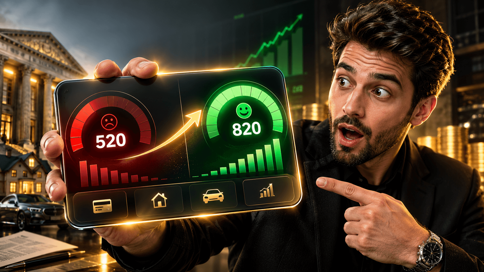 Credit score gauge rising from fair to excellent, representing credit score improvement strategies for US and Canada in 2026