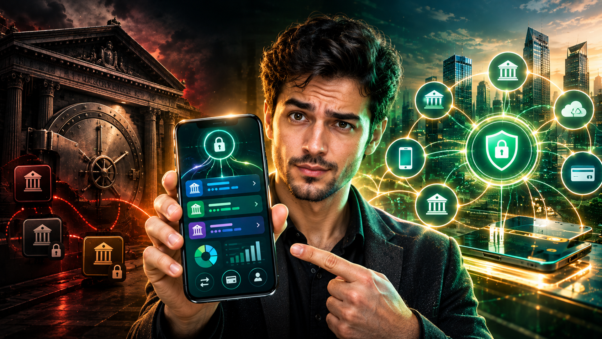 Open banking API connections between banks and fintech apps illustrated as a digital network, representing open banking for consumers in 2026